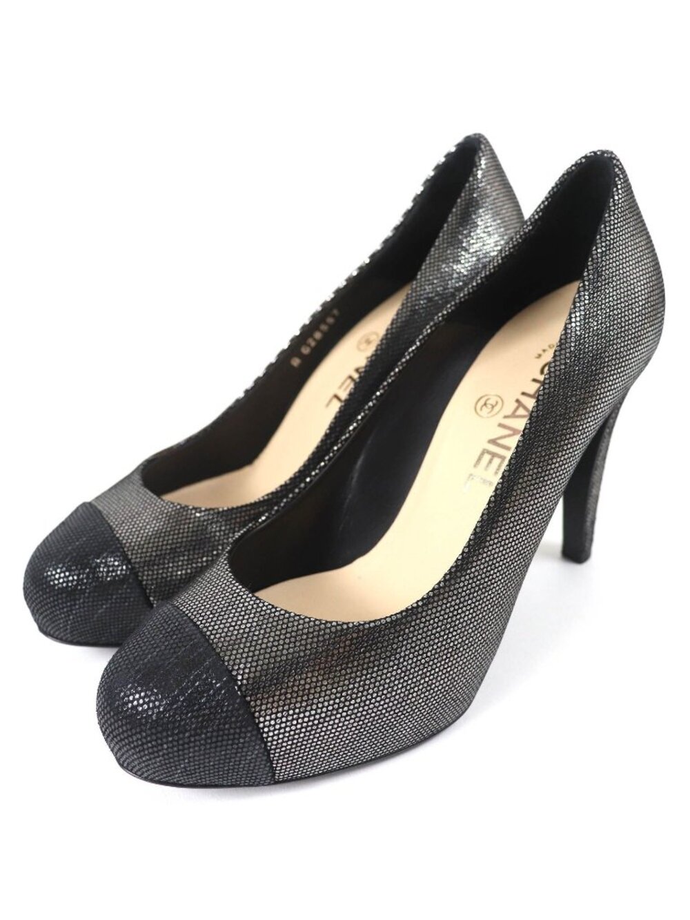 Chanel CC Logo Rhinestone Metallic Leather Cap Toe Platform Pumps Silver